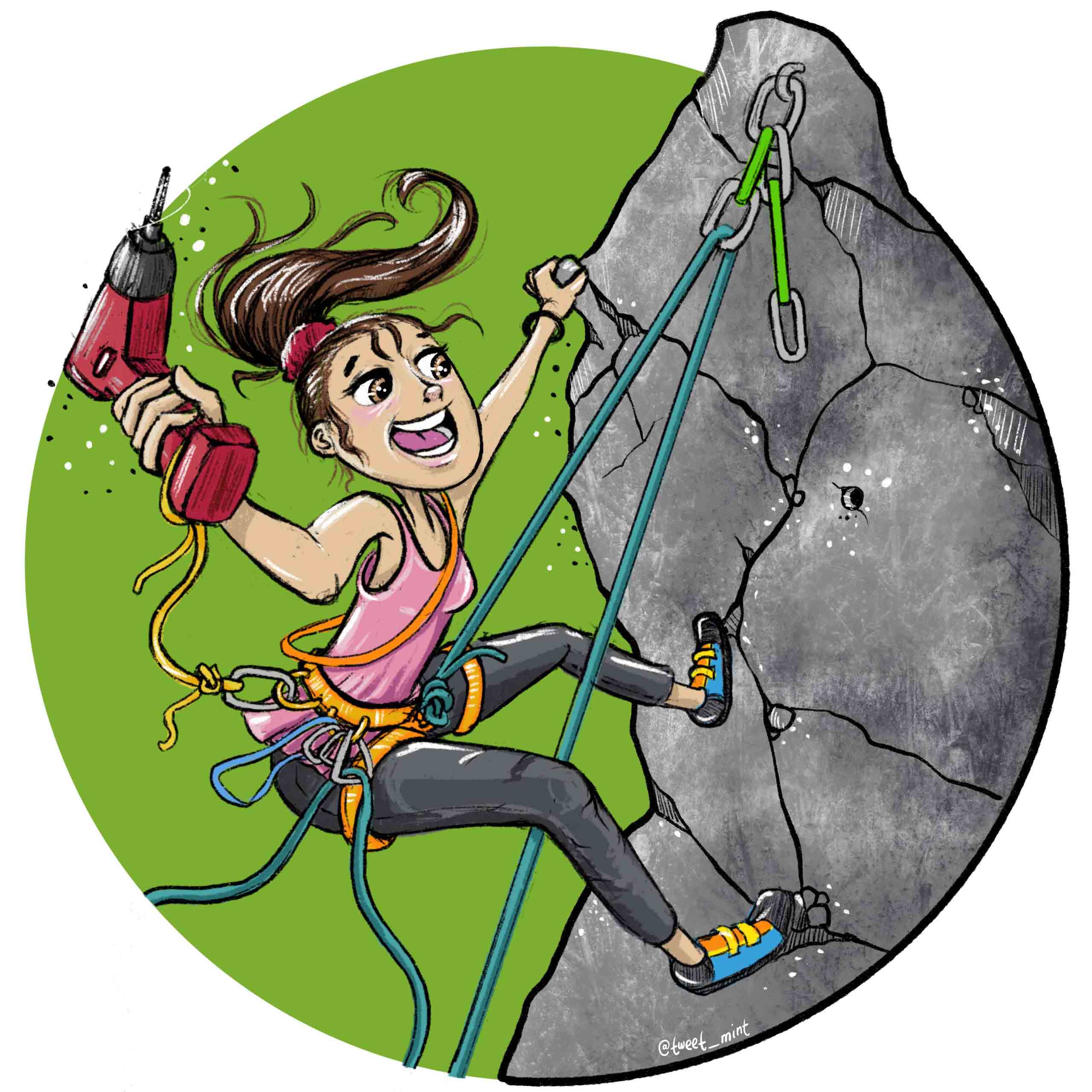 First ascent girl with a drill - rock climbing-shirt